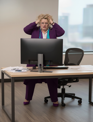 TAG totally stressed out hands on head grimous on face behind a desk with a computer on both hands on head